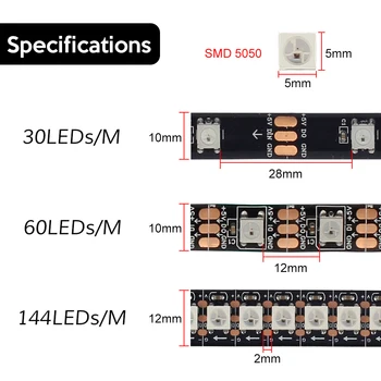 1m/5m WS2812B RGB LED Strip Gaismas Elastīgu 30/60/144 pikseļi/led/m Smart LED Lentes, Melns/Balts PCB, IP30/IP65/IP67 DC5V