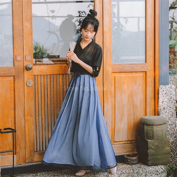 Sieviešu Vintage Kimono Kleita Japāņu Stila Samurai Cosplay Outsiut Šifona Zilu Spīdīgu Svārki Yukata Haori Āzijas Deju Kostīms