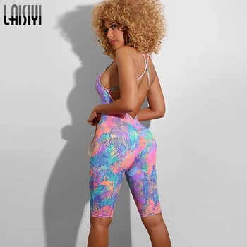 LAISIYI 2020 Tie Krāsošanas bez Piedurknēm Backless Bodycon Sexy Playsuit Vasaras Sieviešu Modes Streetwear Ķermeņa Izdilis Romper Tracksuit