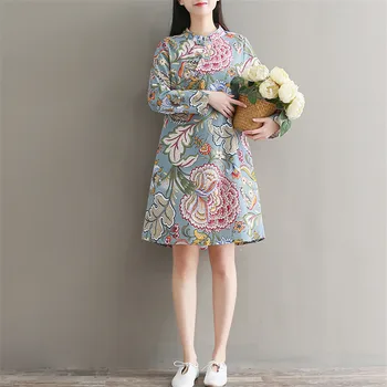 Sieviete Dress-line Zaudēt Vintage Kleita Ķīniešu Stilā Ziedu Iespiests Kleitas ar garām Piedurknēm Mandarīnu Apkakles Pogas Vestidos