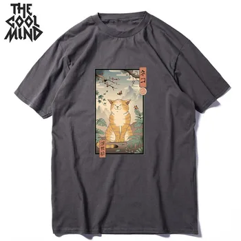 COOLMIND kokvilnas, ar īsām piedurknēm kaķis drukāt vīriešu t gadījuma atdzist vīriešu t krekls o-veida kakla brīvs t-krekls mens tee krekli, topi