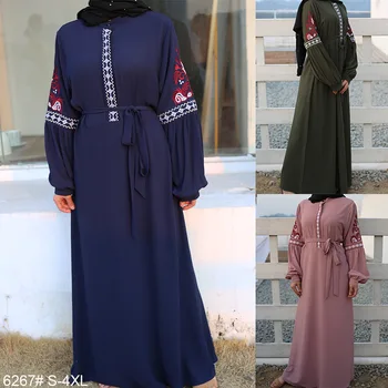 WEPBEL Ilgtermiņa Piedurknēm Šifona Gadījuma Kleitas Garo Maxi Kleitu Modes Sieviešu Izšūtu Ziedu, Ziedu, Musulmaņu Ramadāna Abaya