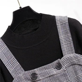 2020 Rudens Ziemas 2 gabals, kas Sieviete, melns ar garām Piedurknēm Adīts džemperis Top + Tvīda Maisījums Izšūta Kleita uzvalks Sieviešu Apģērbs