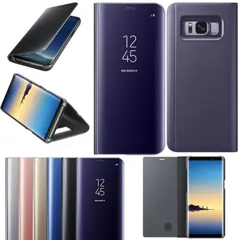 Flip Skatu Spogulis Skaidrs, Smart Stand Case For Samsung Galaxy A6 A8 2018 Plus J3 J5 J7 A3 A5 A7 2017 2016 S8 S9 Plus S7 Mala Gadījumos