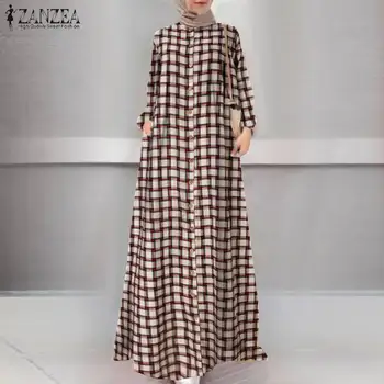 Rudens Maxi Gara Kleita Sievietēm ar garām Piedurknēm Pogas Sundress ZANZEA Vintage Hijab Musulmaņu Kleita Gadījuma Islāma Apģērba Caftan Drēbes