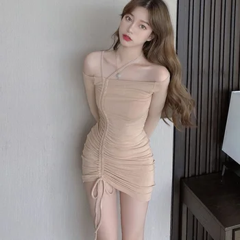 Sexy Slash Kakla Kleita Korejas Modes Garām Piedurknēm Kleitas Sievietēm Tīrtoņa Krāsu Aukliņu Saspringto Kleita