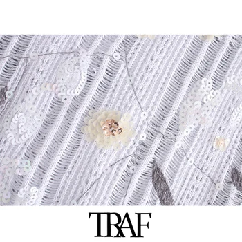 TRAF Sieviešu Modes Ar Sequined Mežģīņu Adīti Džemperi Vintage O Apkakli, garām Piedurknēm, Sieviešu Džemperi Šiks Topi