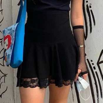 SUCHCUTE Gothic Black Sieviešu-Line Svārki y2k Modes Mežģīnes Raibs Sieviešu Mini Svārki 2020. Gadam Streetwear E Meitene Puse, 90. gadu Tērpiem