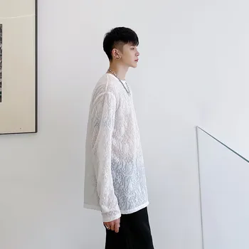 Vīrieši Žakarda Mežģīnes, Caurspīdīgi Balta, ar garām Piedurknēm T-kreklu apdruka Vīriešu Sieviešu Pāris Streetwear Vintage Modes t-veida Krekli Posmā Apģērbi