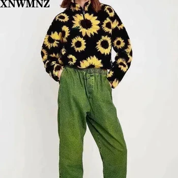 Za Rudens ziemas korejiešu jaunā Sieviešu modes Drukāt Saulespuķu Jēra Vilnas Sweatershirt Sieviešu Džemperis Modes garām Piedurknēm Džemperis