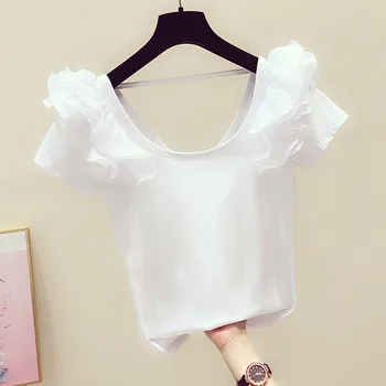 Balts T-krekls Sieviete 2020. Gada Pavasara un Vasaras Jauna Eleganta tīrtoņa Krāsu Zemu Apaļu Kakla Īstermiņa Piedurknēm Savirmot T-krekls Sieviešu Ikdienas Tee