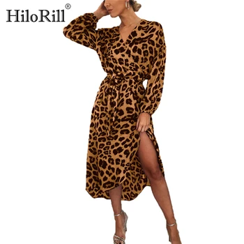 HiloRill Sexy Leoparda Kleita Sievietēm Ar Garām Piedurknēm Rudens Gara Kleita Gadījuma-Line V-Veida Kakla Vintage Sadalīt Puse Wrap Kleitas, Drēbes Femme