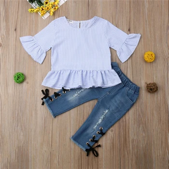 Modes Meiteņu Apģērba Komplekts Bērniem Meiteņu Drēbes Savirmot Svītru Pusi Piedurknēm T-krekls Topi Caurumu Džinsa Bikses Cute Kids Tērpiem 1-6Y