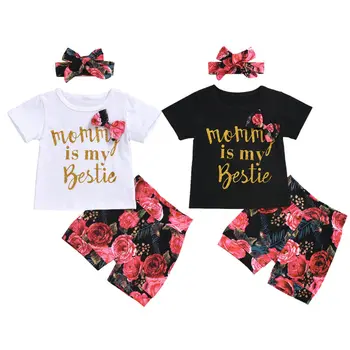 3PCS Zīdainis, Mazulis Baby Girl Vasaras Apģērbs Bowknot Vēstuli Print T-Krekls +Ziedu Šorti Bikses+ Galvas Apģērbs, Apģērbu Komplekts 6M-3T