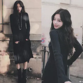 Kpop korejas Slavenību pašā Ziemas modes Black Adīšanas Kleita sievietēm Harajuku Stils streetwear sexy ilgi sadaļā džemperis kleitas