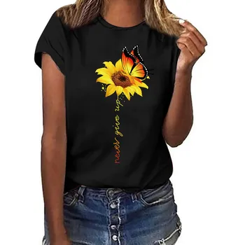 T krekls sievietēm vasarā Plus Lieluma Saulespuķu Drukāt Īsām Piedurknēm Blusas Topi, t krekls sievietēm vasarā