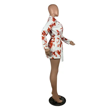 Ziedu Garām Piedurknēm Siksnas Mini Žakete, Kleita Sievietēm Eleganto Robots Apkakles Īsas Kleitas Apģērbi Dāmas Gadījuma Rudens Kleita