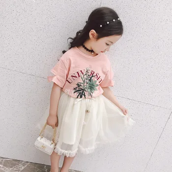 2020. gada Vasaras Meiteņu Modes Tērps Īsām piedurknēm Vēstuli Top Marli Svārki 2-gabals, kas Rozā T-krekls Balts Svārki