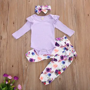 2020. gadam Infant Baby Meitenei 0-24M Drēbes Salds tīrtoņa Krāsu garām Piedurknēm Jumpsuit un Ziedu Garas Bikses ar Galvu 3pcs