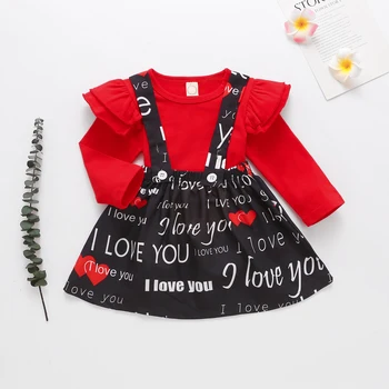 Valentīna Diena 2 Gab Zīdaiņu Modes Apģērbs Mazulim Meitene Lidot Piedurknēm ar Apaļu Kakla Džemperis + Vēstuli Izdrukāt Zeķu Svārki 6M lai 4Y