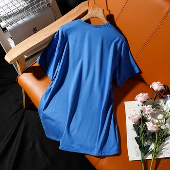 Vasaras zaudēt liela izmēra dāmas t-krekls ir 2021. jaunu īsām piedurknēm ar Apaļu Kakla vēstuli iespiests zilā Augstas Kvalitātes korejas sieviešu topi
