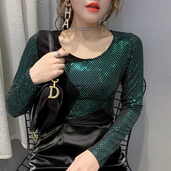 Korejas drēbes ir 2021. dāmas topi Raibs OLA t harajuku melns ar garām piedurknēm topi plus lieluma galotnēm 3XL zaļā kreklus, slim 8039 50
