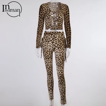 INWOMAN Leopards Drukāt Bodycon 2 Divas Gabals, kas Sieviešu Tērpiem Slim, Sexy Clubwear atbilstības Komplekti Mežģīnes Up Kultūru Top Un Legingiem Komplekts
