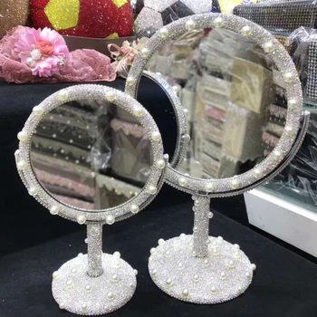 Dzirkstošais Spoguļi ar Kristāla Rhinestones Galda Apaļo Tualetes Spoguli, Metāla dubultie HD Spoguļi Guļamistabai Dekoratīvās Tabula