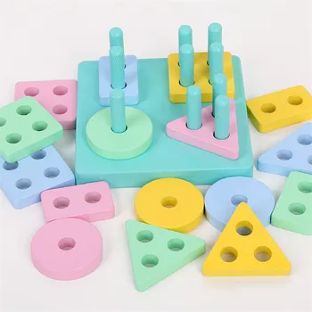 Koka Toddler Montessori Rotaļlietas Macaron Krāsu Ģeometrijas Formas Atbilst Izlūkošanas Ēkas Kraušanas Blokus Bērniem Bloku Koka Rotaļlietas