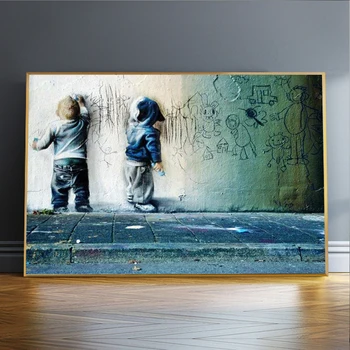 Pirmsskolas Bērni Zēni Ķeburs Sienas Mākslas Sparring, Audekls Iespiešana Banksy Graffiti Sienu Dekors Anotācija Plakātu un Izdrukāt