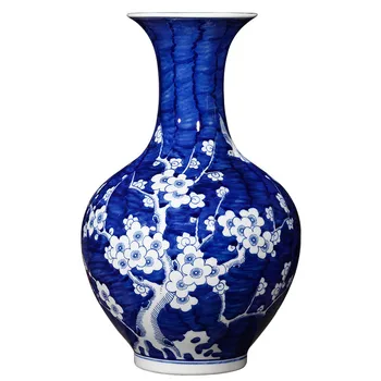 Klasiskā Ķīniešu Stilā Puses, Krāsotas Zilā un Baltā Porcelāna Plūmju Ziedu Sākuma Apdare Ziedu Vāze