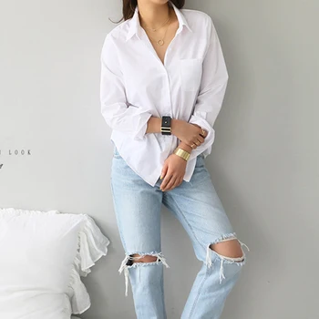 Balta blūze ar garām piedurknēm biroja Zaudēt ikdienas topi, krekli modes sieviešu blūzes 2019 blusas mujer de moda 2019 camisas verano