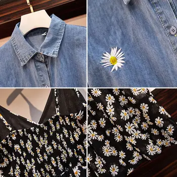 Liela Izmēra Sieviešu Džinsa Krekls bez Piedurknēm, ar Ziedu rakstu Kleitu, Kopa 2020. Gada Vasarā Jaunu Daisy Printed Kleita 2 Gabals Uzvalks Sieviešu Apģērbu K339