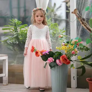 Princese Kleita Meitenēm Potītes Garuma Kāzu Kleitu Skropstu Atpakaļ Balta Mežģīņu Pludmales Kleita Bērnu Apģērbu E15177