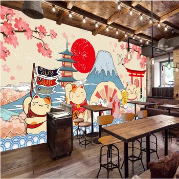 Roku apgleznoti Karikatūra Japāņu Suši Laimīgs Kaķis Rūpniecības Dekoru, Sienas Tapetes 3D Japāņu Virtuve, Suši Restorānā, tapešu