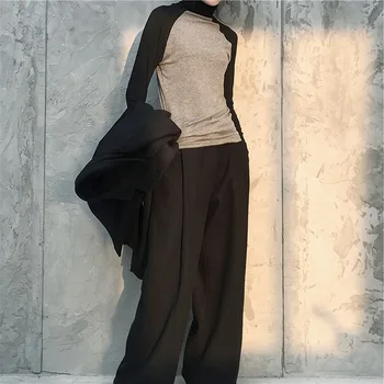 Modes Raibs Zemāko t Krekls Sievietēm Pavasara Rudens Tee Kreklu korejas augstu uzrullētu apkakli Slim garām Piedurknēm pelēkā T-krekli 90s bāzes topi