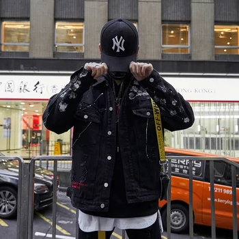 Vīrieši Streetwear Grafiti Appliques iespiesti Džinsu Jaka Hipster Caurumi Zaudēt Hip Hop motociklu Kokvilnas black Gadījuma Džinsa Jakas