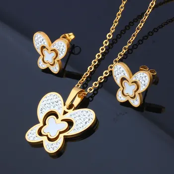 OUFEI Nerūsējošā Tērauda Juvelierizstrādājumu Komplekti Sieviešu Shell Crystal Butterfly Kulons, Kaklarota, auskariem Modes Zelta krāsu Dāvanu