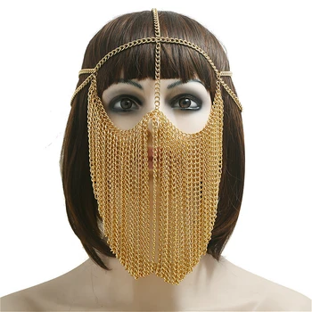 Vintage Etniskā Ķēdes Maskas, Ap Galvu Stiprināmas Rotaslietas Sievietēm Zelta Krāsas Galvassegu Sejas Ķēdes Moderns Dejas Piederumi