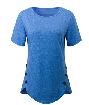 Ar īsām Piedurknēm Ikdienas Topi Sieviešu Vasaras Zils T-Krekli O-veida Kakla Modes Pogu, Hem Tee 5XL Liela Izmēra Cietās T-Krekls Sieviešu Džemperi