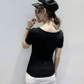 Modes Īsām piedurknēm Tshirts sieviešu Topi Asimetrijas Kakla T-krekls Slim vasaras gadījuma Sieviete Cieta Tee kreklu Pamata 2020. gadam korejiešu Jaunā