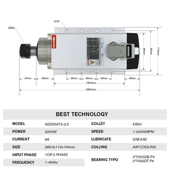 CNC darbgaldu Vārpstu CE 2200w 2.2 kw 24000RPM ER20 gaisa dzesēšanu vārpstas motors & huanyang VFD & & 13 gab ER20 ietvarus（1-13mm）