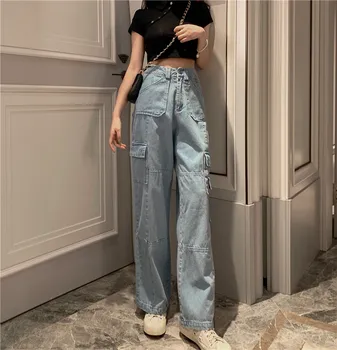 JXMYY Vintage Plaša Kāju Sieviete Džinsi ar Augstu Starām. Džinsi Zilā Gadījuma Garās Bikses korejas Streetwear Kabatas Džinsa Bikses