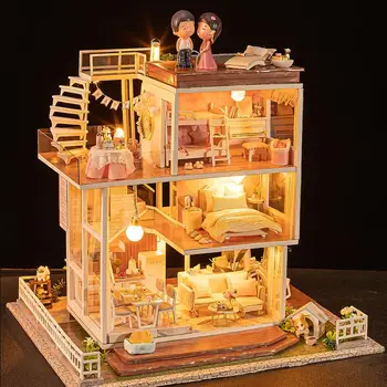 Salikt DIY Koka Mājas Komplekts Rotaļlieta Ar Miniatura Mēbeles, Leļļu Mājas, LED Mājas Dekorēšana, Kāzu Dāvanas Ziemassvētkiem