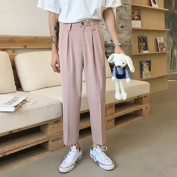 2019. gadā, Pavasarī Un Vasarā Jaunā korejiešu Vīriešu Zaudēt Ērti Modes Kokvilnas Biroja Darba Pleds Gadījuma Bikses Streetwear