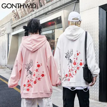 GONTHWID Ķīniešu Stila Celtni, Persiku Ziedu Drukāt Hoodies sporta Krekli Streetwear Vīriešiem 