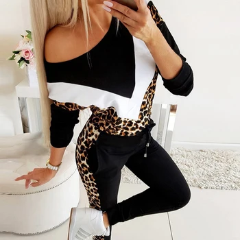 Plus Lieluma Sievietēm Rudens Modes Tracksuit Apaļu Kakla Leoparda Raibs Krekls Elsas Sportwear Tracksuit Divu gabals, kas Karstā Pārdošanas