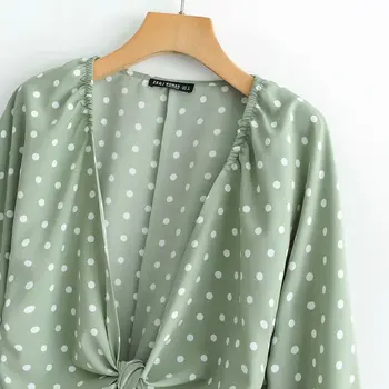 Jaunu 2020. gadam sieviešu modes polka dot print mezgloti īsa blūze sieviešu laternu piedurknēm ikdienas krekls chemise vasarā blusas topi LS3746