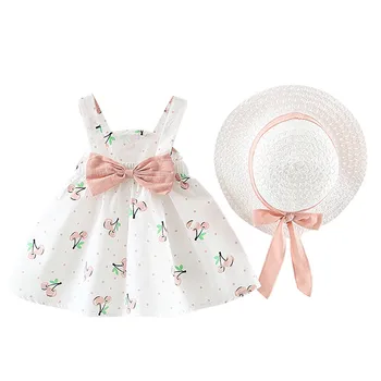 Baby Girl Apģērbu Vasaras Puse Apģērbu Toddler Bērnu Bērniem, Meitenēm Bez Piedurknēm Ķiršu Dot Princese Kleitas Loku, Cepure, Apģērbs, #78