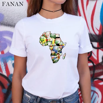 Āfrikas Karte Grafiskā T Krekls Sievietēm Harajuku Āfrikas Mantojums, Sieviešu T-krekli Afro Vārdu Drukāt Balts tshirt Modes Apģērbu Topi